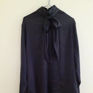 Black satin pussybow tie neck shirt